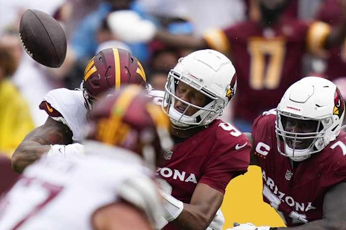 Sep 10, 2023; Landover, Maryland, USA; Arizona Cardinals quarterback Joshua Dobbs (9) loses a fumble against the Washington Commanders in the second half at FedExField.